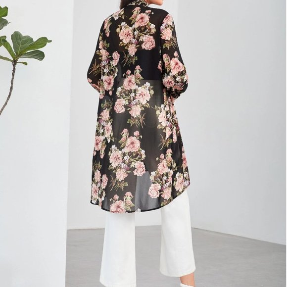 Floral Print High Low Sheer Chiffon Blouse - Picture 2 of 10